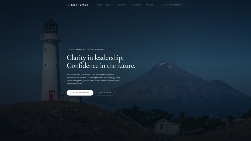 Lighthouse Advisory website: executive search firm homepage with Cape Egmont lighthouse, built by MOGGED